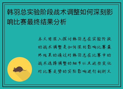 韩羽总实验阶段战术调整如何深刻影响比赛最终结果分析