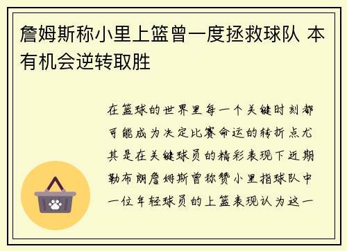 詹姆斯称小里上篮曾一度拯救球队 本有机会逆转取胜
