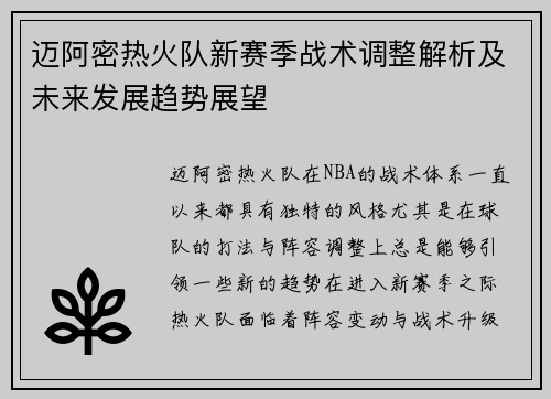 迈阿密热火队新赛季战术调整解析及未来发展趋势展望